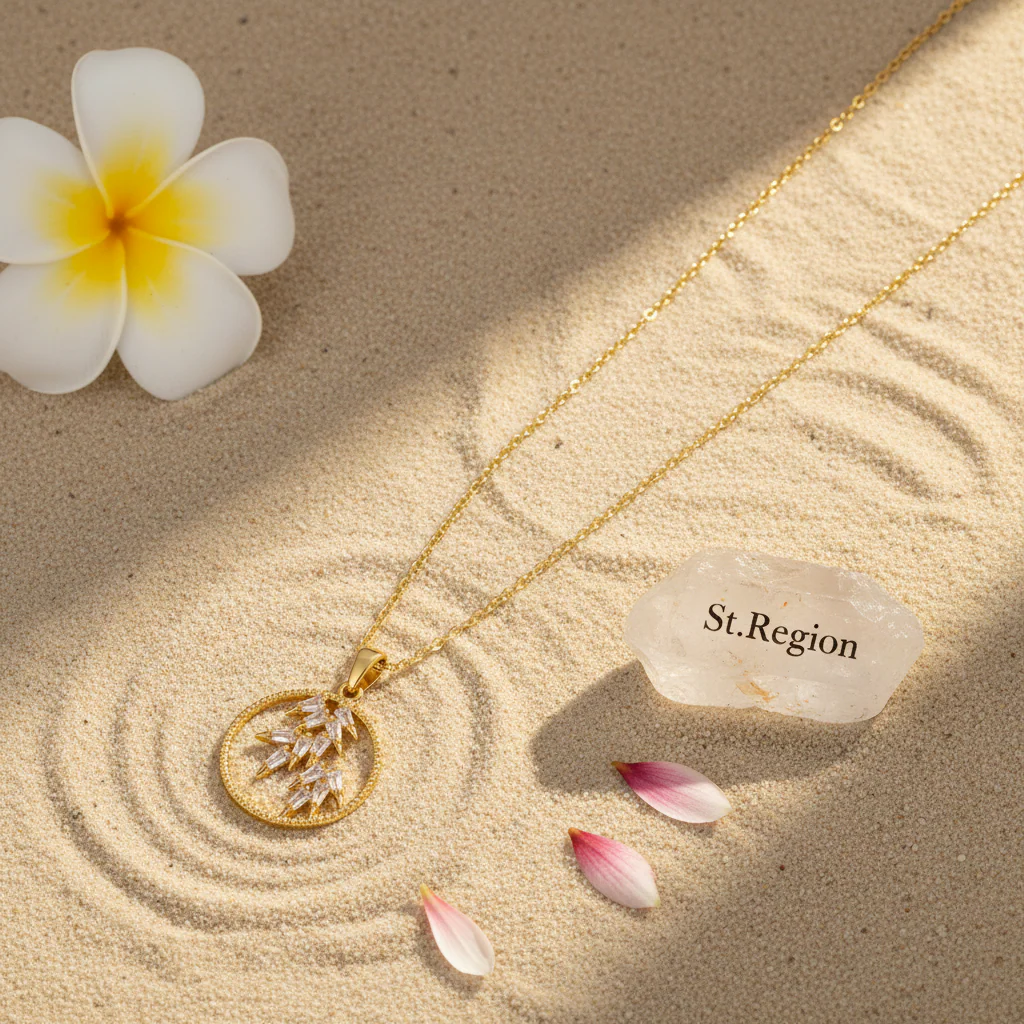 Crystal & 18K Gold-Plated Leaves Circle Pendant Necklace - Image 4