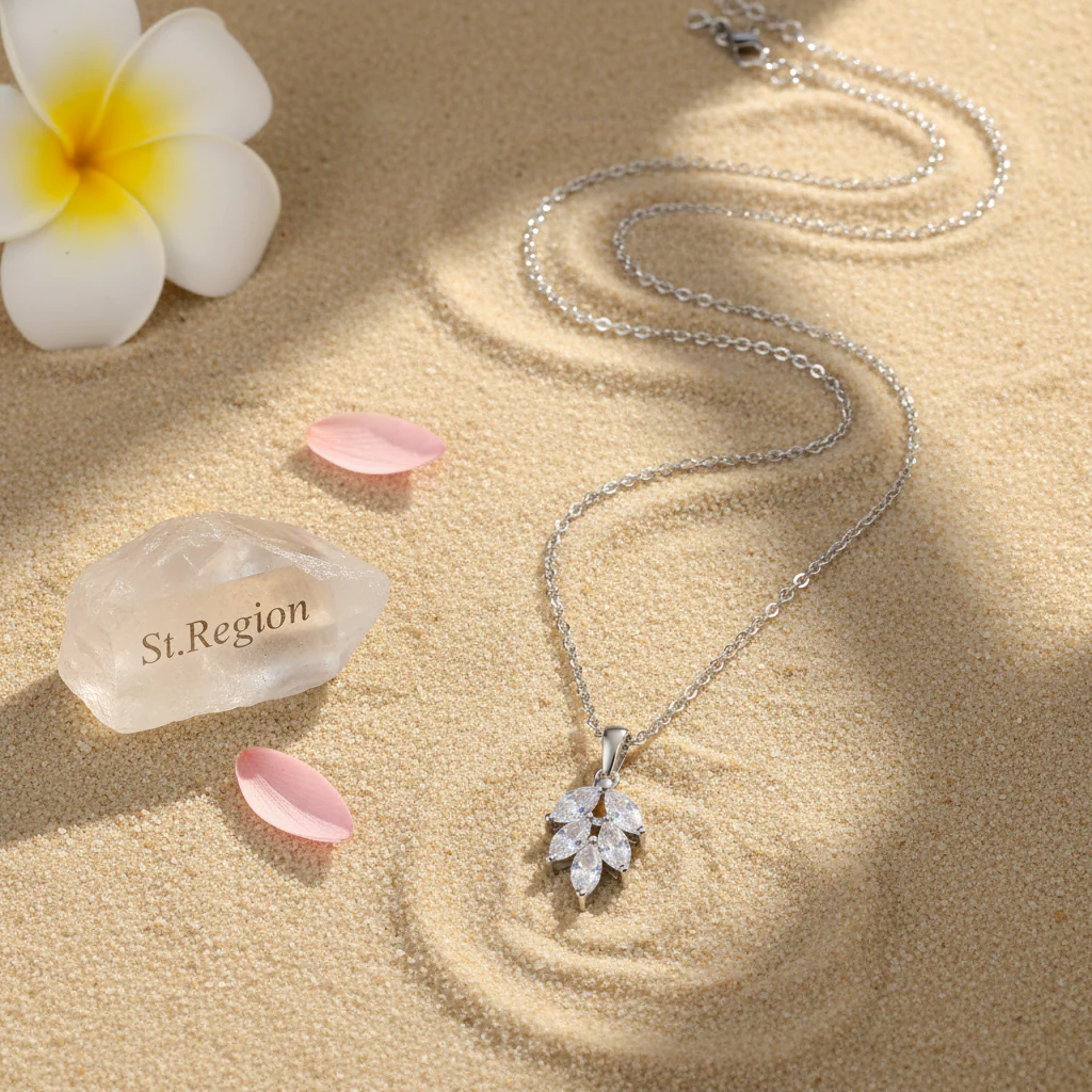 Marquise Crystal & Silver-Plated Leaves Pendant Necklace - Image 4