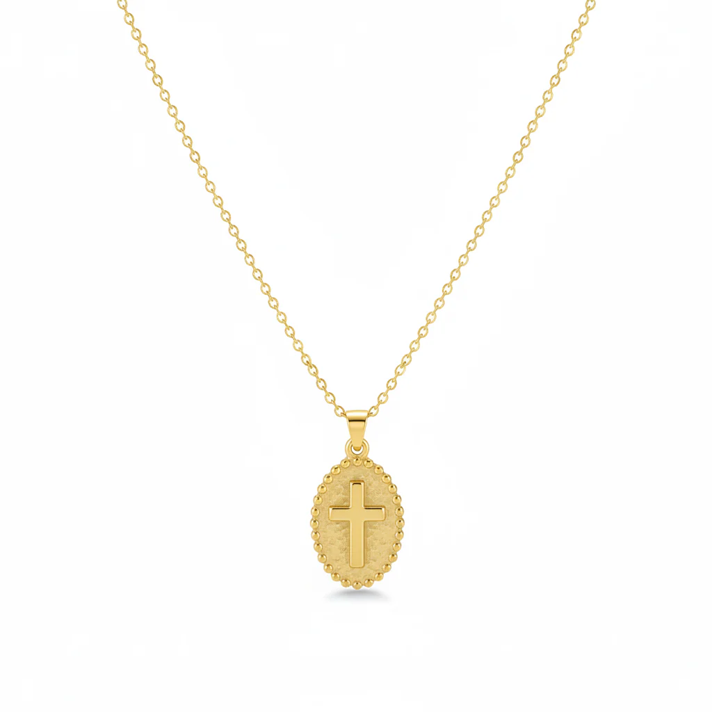 18K Gold-Plated Oval Cross Pendant Necklace
