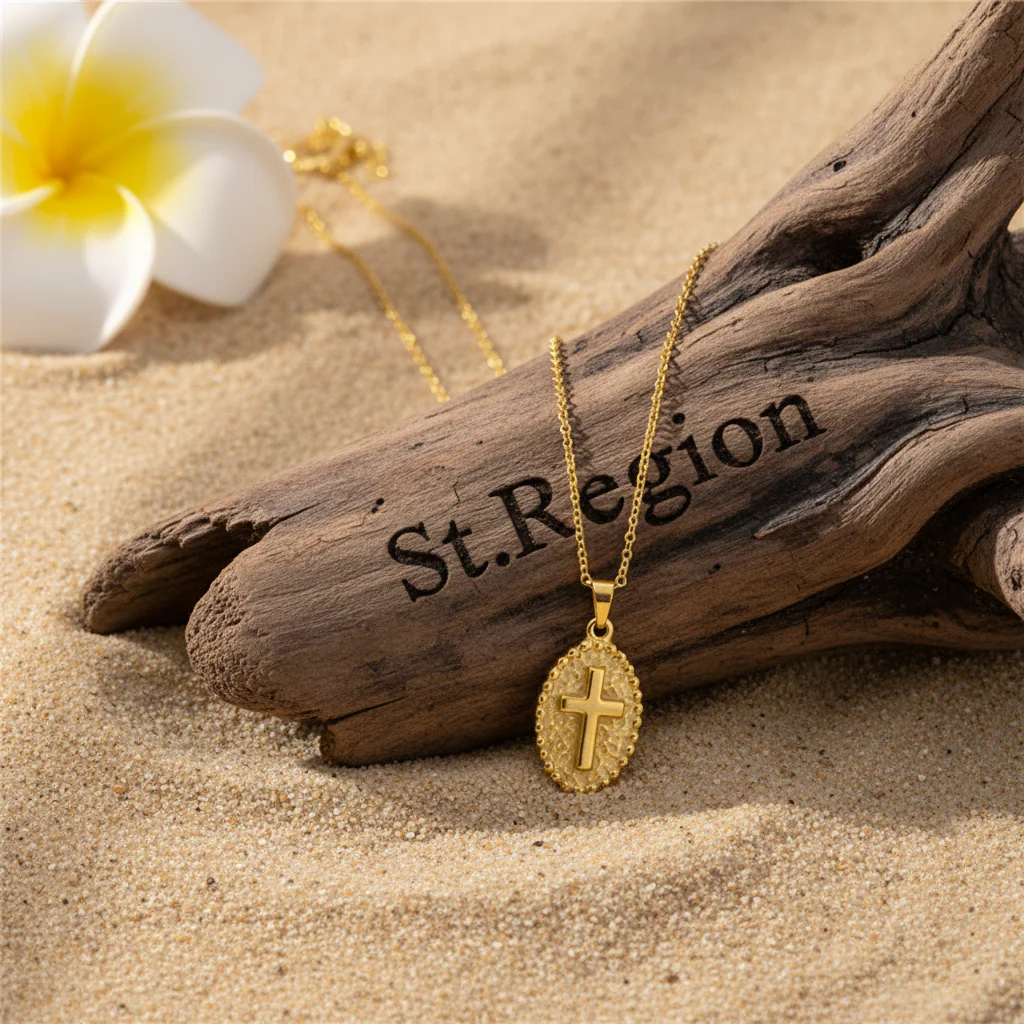 18K Gold-Plated Oval Cross Pendant Necklace - Image 3