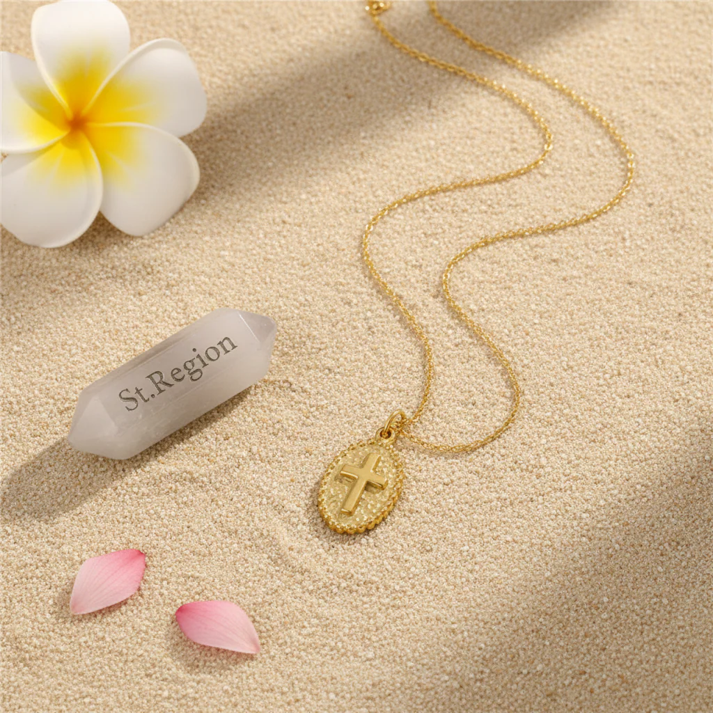 18K Gold-Plated Oval Cross Pendant Necklace - Image 4