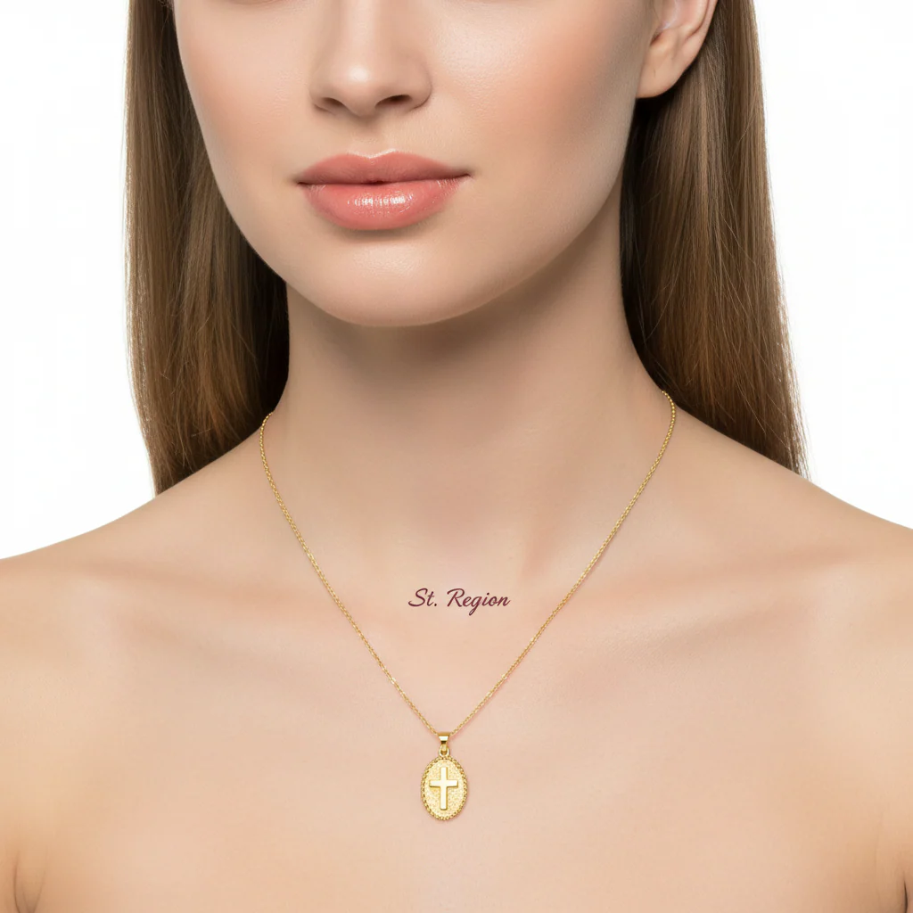 18K Gold-Plated Oval Cross Pendant Necklace - Image 5