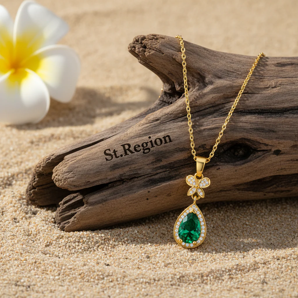Green Crystal & Cubic Zirconia Butterfly Drop Pendant Necklace - Image 3