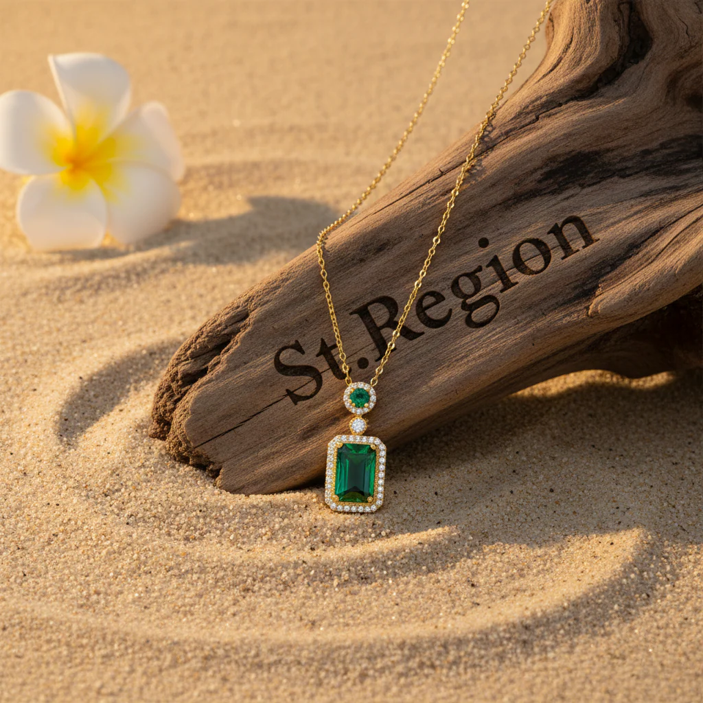 Green Crystal & Cubic Zirconia Rectangle Pendant Necklace - Image 3