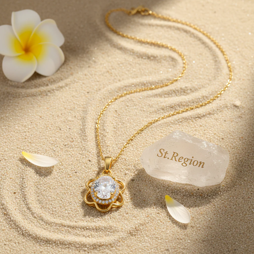 Crystal & Cubic Zirconia 18K Gold-Plated Oval Flower Pendant Necklace - Image 4