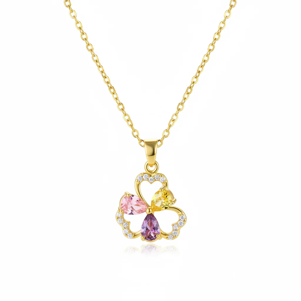 Pink & Yellow Crystal Cubic Zirconia Flower Pendant Necklace