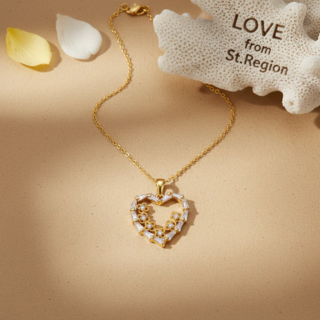 Clear Cubic Zirconia & 18K Gold-Plated Floral Heart Pendant Necklace - Image 2