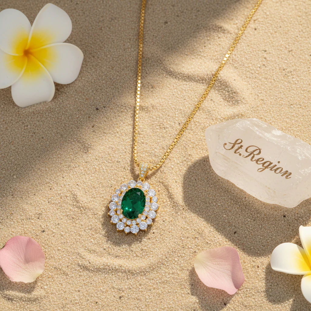 Green Crystal & Clear Cubic Zirconia 18K Gold-Plated Oval Pendant Necklace - Image 4