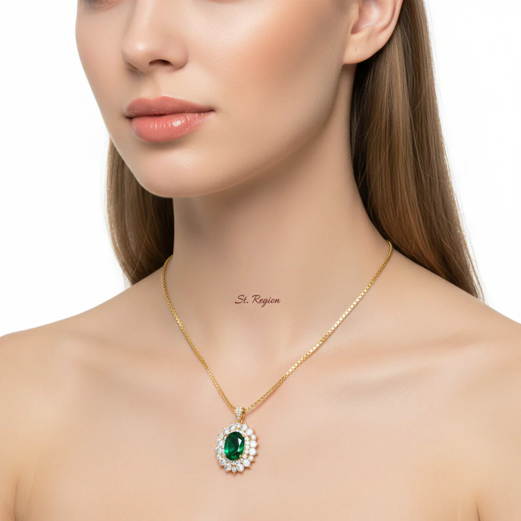 Green Crystal & Clear Cubic Zirconia 18K Gold-Plated Oval Pendant Necklace - Image 5