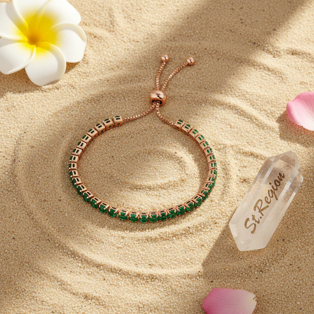 Green Cubic Zirconia & 18K Rose Gold-Plated Adjustable Link Bracelet - Image 4