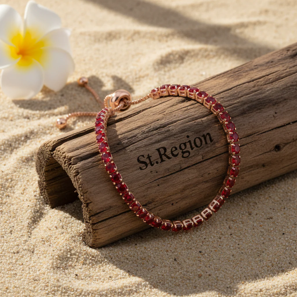 Red Cubic Zirconia & 18K Rose Gold-Plated Adjustable Link Bracelet - Image 3