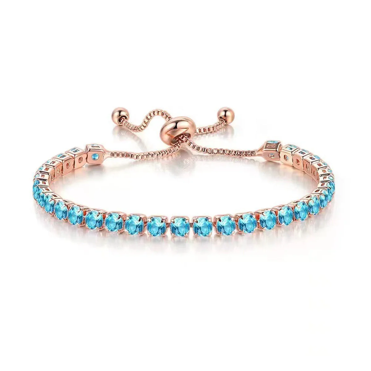 Sea Blue Cubic Zirconia & 18K Rose Gold-Plated Adjustable Link Bracelet