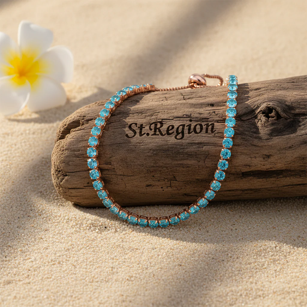 Sea Blue Cubic Zirconia & 18K Rose Gold-Plated Adjustable Link Bracelet - Image 3