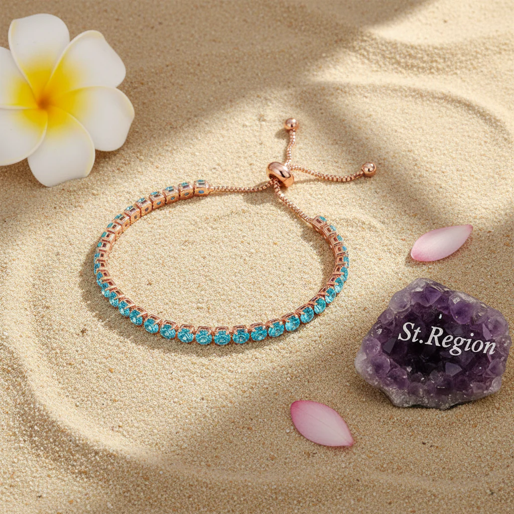 Sea Blue Cubic Zirconia & 18K Rose Gold-Plated Adjustable Link Bracelet - Image 4
