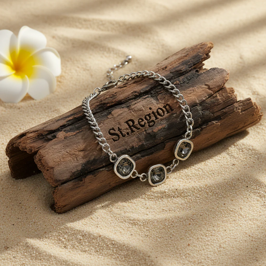 Crystal & Silvertone Square Station Chain Bracelet - Image 3