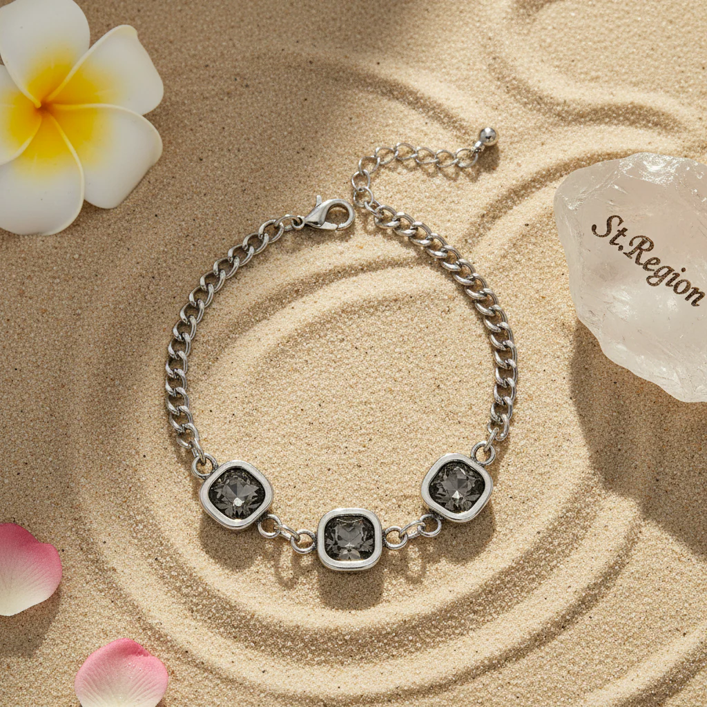 Crystal & Silvertone Square Station Chain Bracelet - Image 4