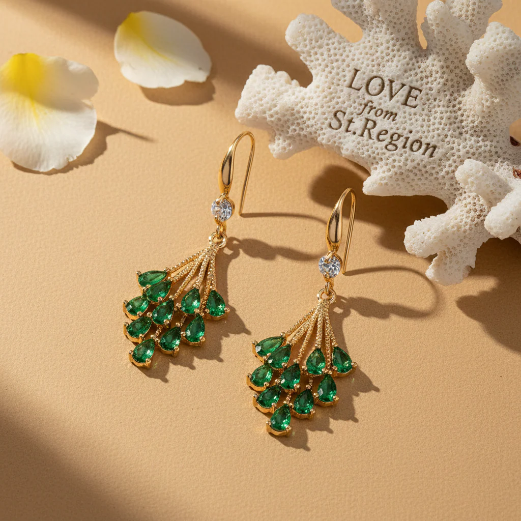 Green Crystal & Cubic Zirconia Goldtone Drop Tassel Hook Earrings - Image 4