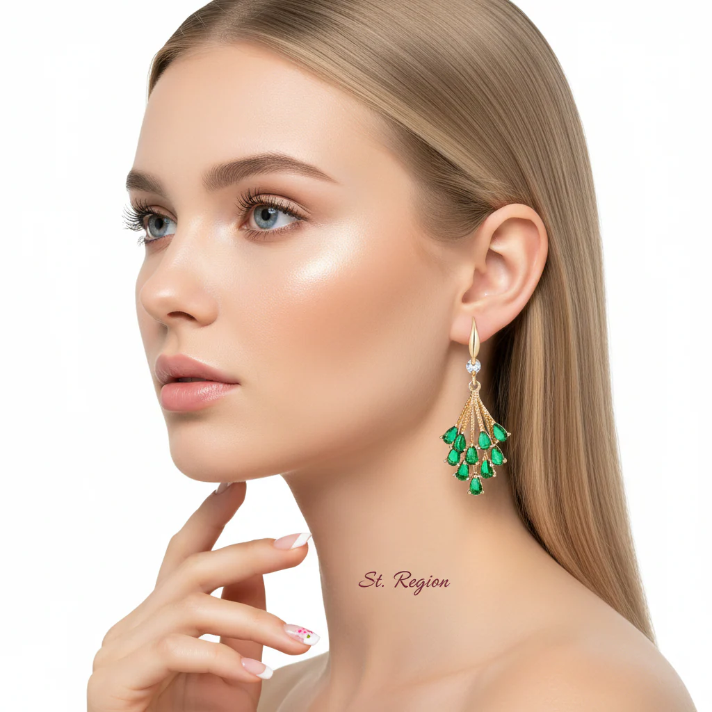 Green Crystal & Cubic Zirconia Goldtone Drop Tassel Hook Earrings - Image 5