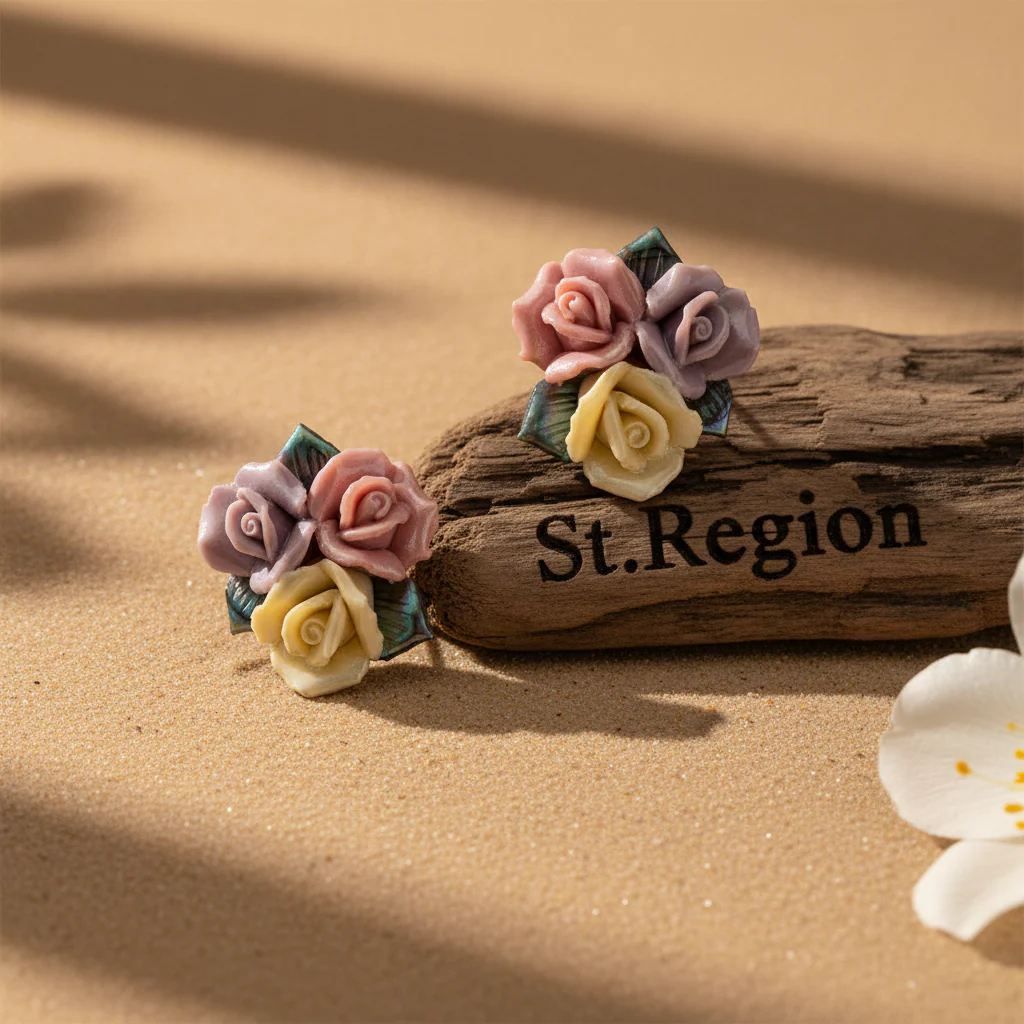 Multi-Colored Ceramic‌ & Silvertone Rose Cluster Stud Earrings - Image 2