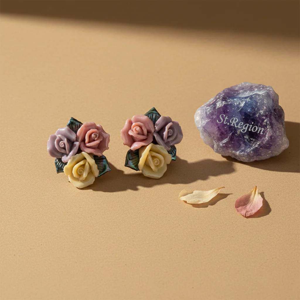 Multi-Colored Ceramic‌ & Silvertone Rose Cluster Stud Earrings - Image 3