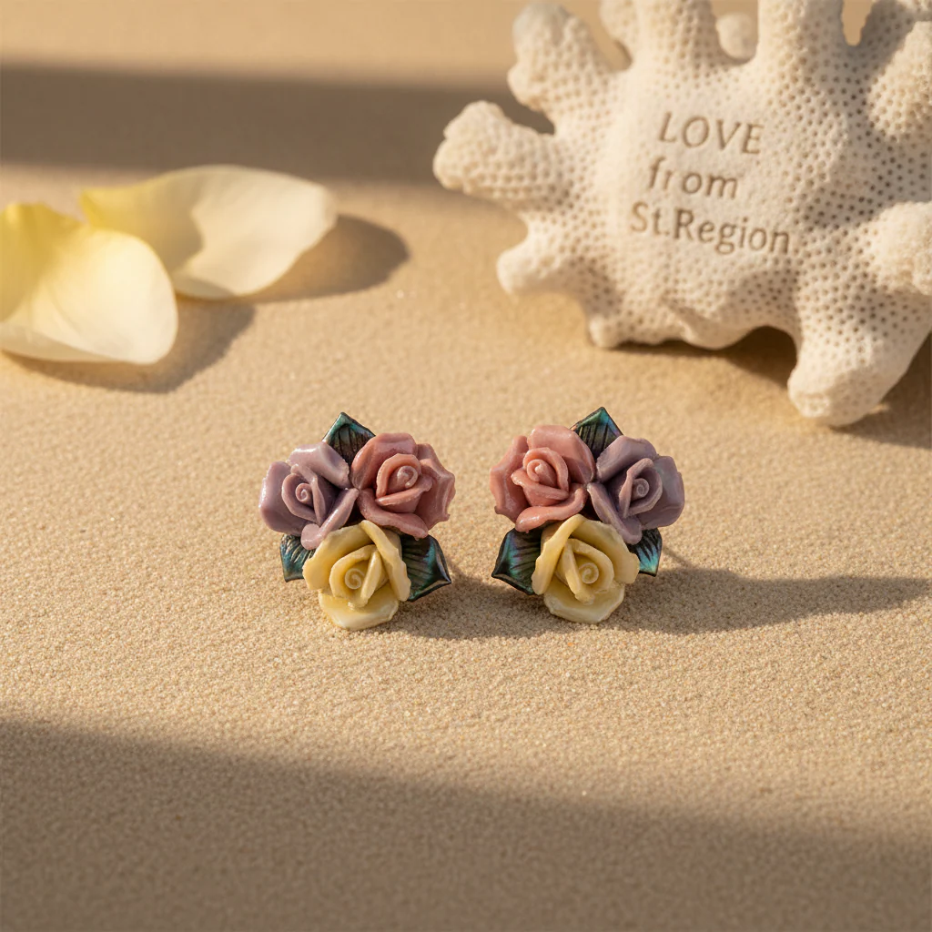Multi-Colored Ceramic‌ & Silvertone Rose Cluster Stud Earrings - Image 4