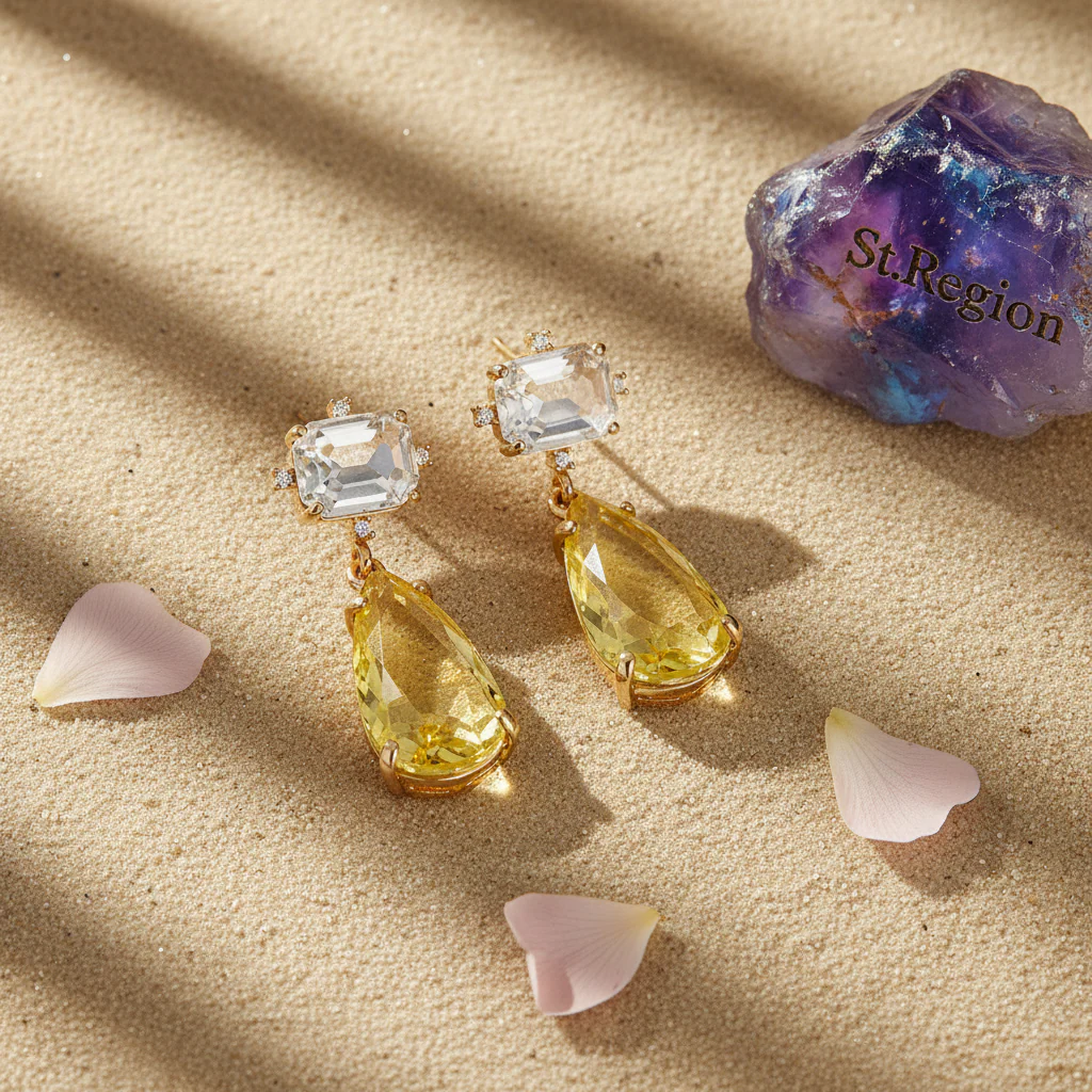 Yellow Crystal & Cubic Zirconia Goldtone Rectangle Drop Earrings - Image 3