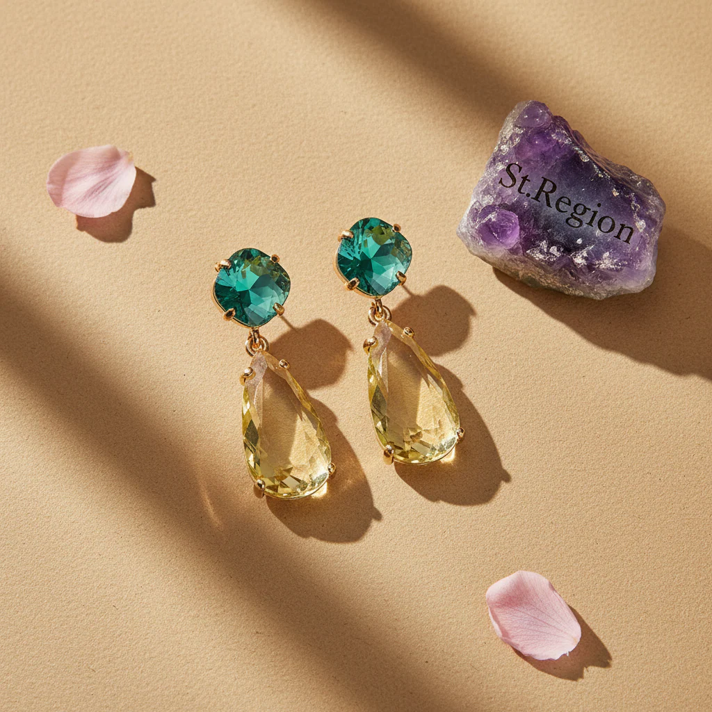 Green & Yellow Crystal Goldtone Cushion Drop Earrings - Image 3