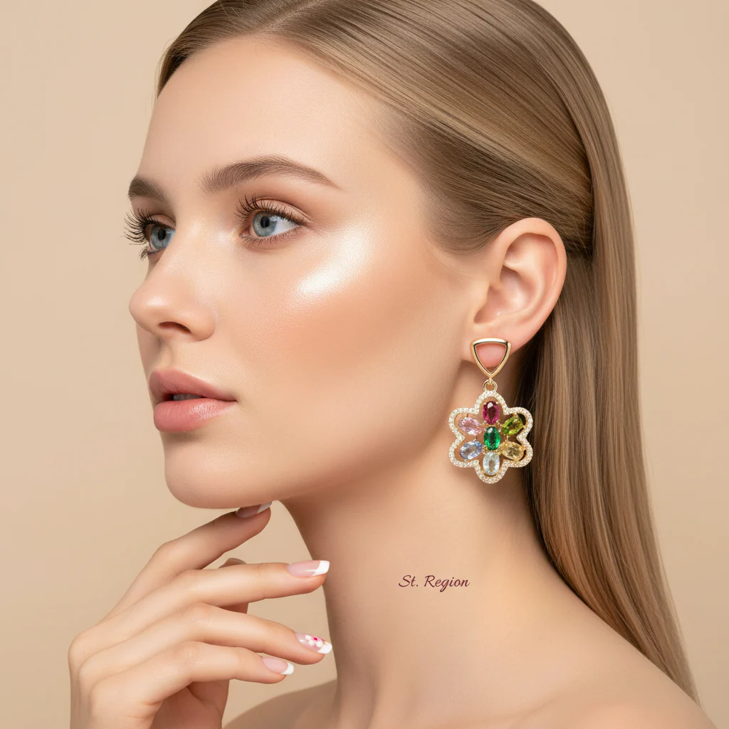 Multi-Colored Crystal & Cubic Zirconia Goldtone Flower Dangle Earrings - Image 5