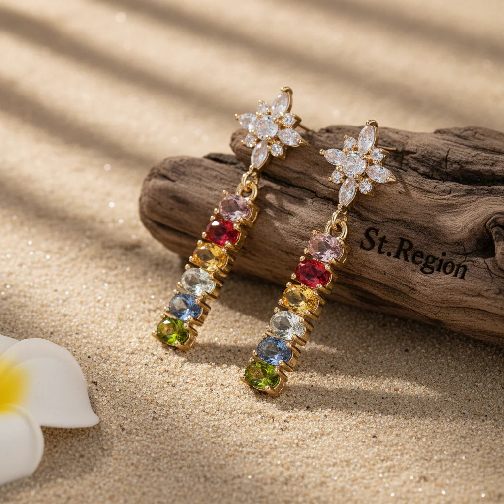 Multi-Colored Oval Crystal & Cubic Zirconia Goldtone Star Drop Earrings - Image 2