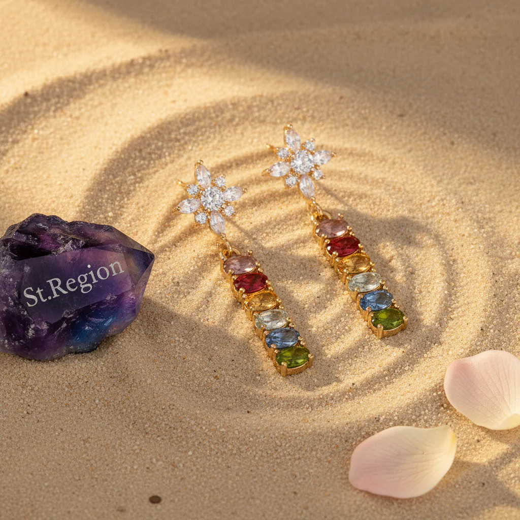 Multi-Colored Oval Crystal & Cubic Zirconia Goldtone Star Drop Earrings - Image 3
