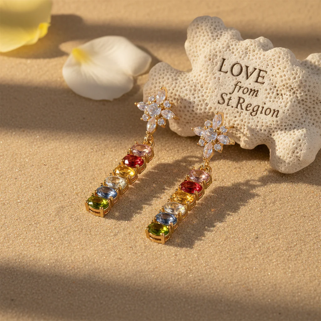 Multi-Colored Oval Crystal & Cubic Zirconia Goldtone Star Drop Earrings - Image 4