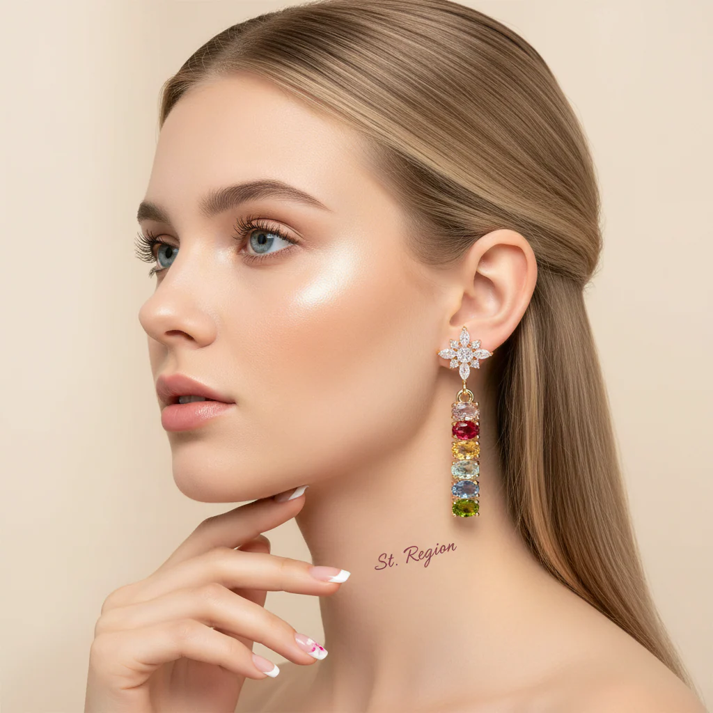 Multi-Colored Oval Crystal & Cubic Zirconia Goldtone Star Drop Earrings - Image 5