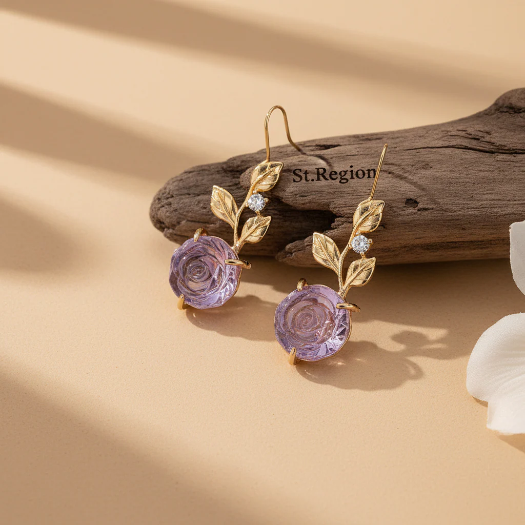 Purple Resin & Cubic Zirconia Goldtone Flower Dangle Earrings - Image 2