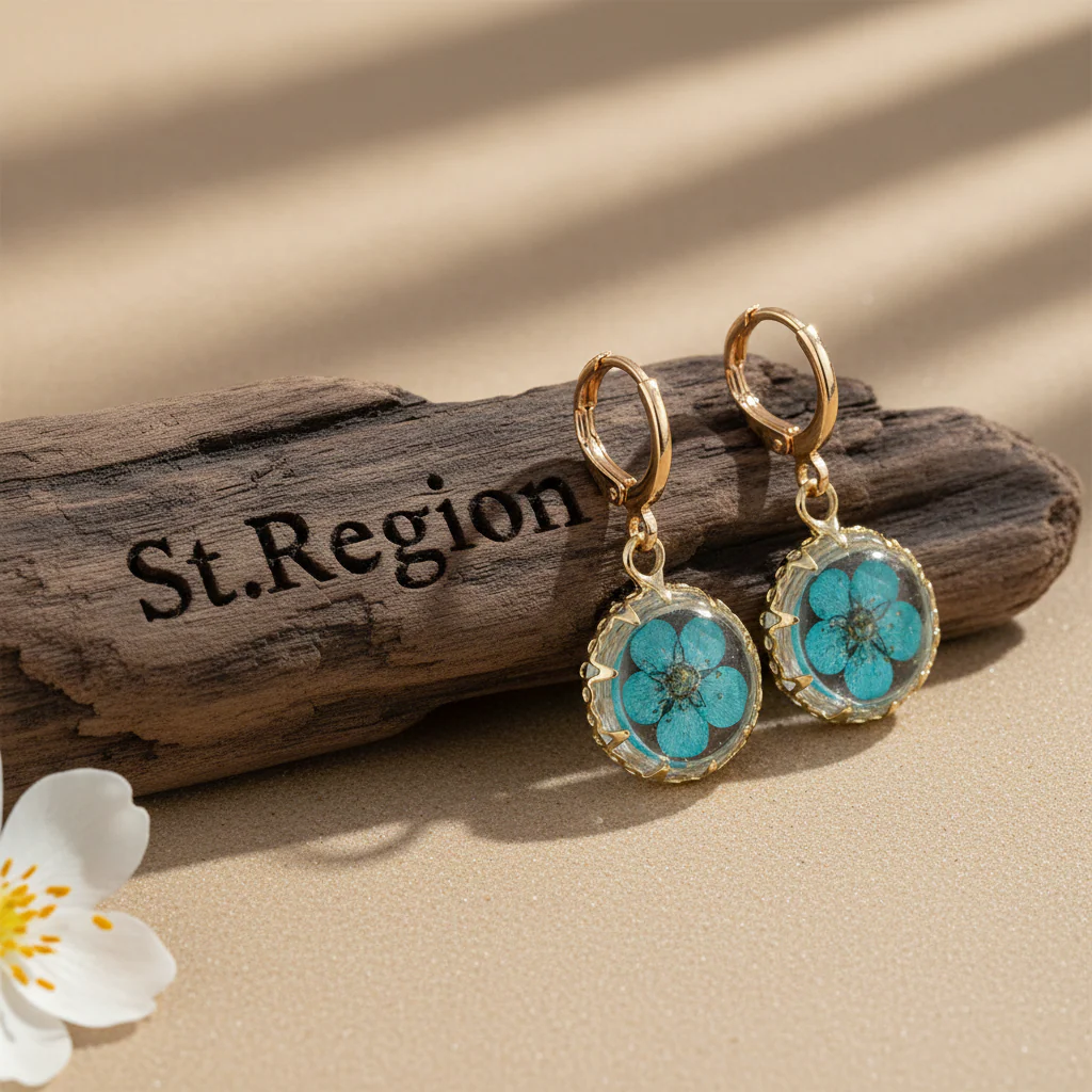 Light Blue Pressed Flower & Goldtone Round Huggie Earrings - Image 2