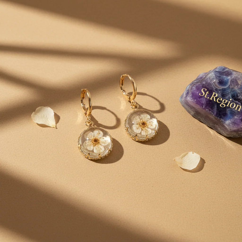 Yellow Pressed Flower & Goldtone Round Huggie Earrings - Image 3