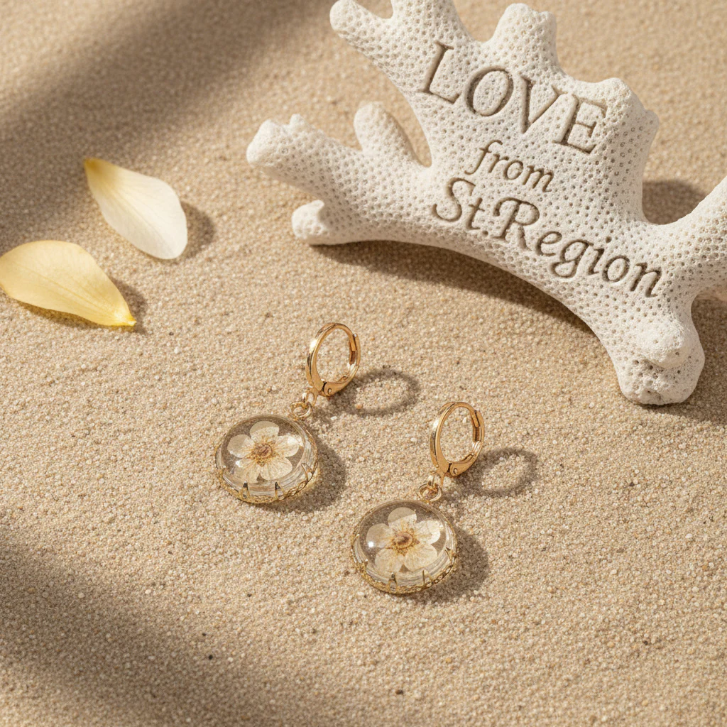 Yellow Pressed Flower & Goldtone Round Huggie Earrings - Image 4