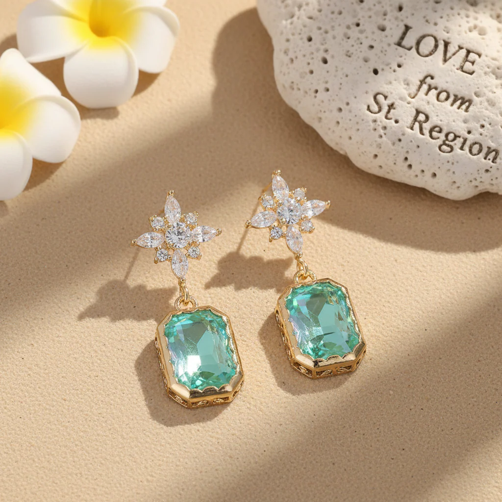 Green Crystal & Cubic Zirconia Goldtone Star Rectangle Dangle Earrings - Image 4