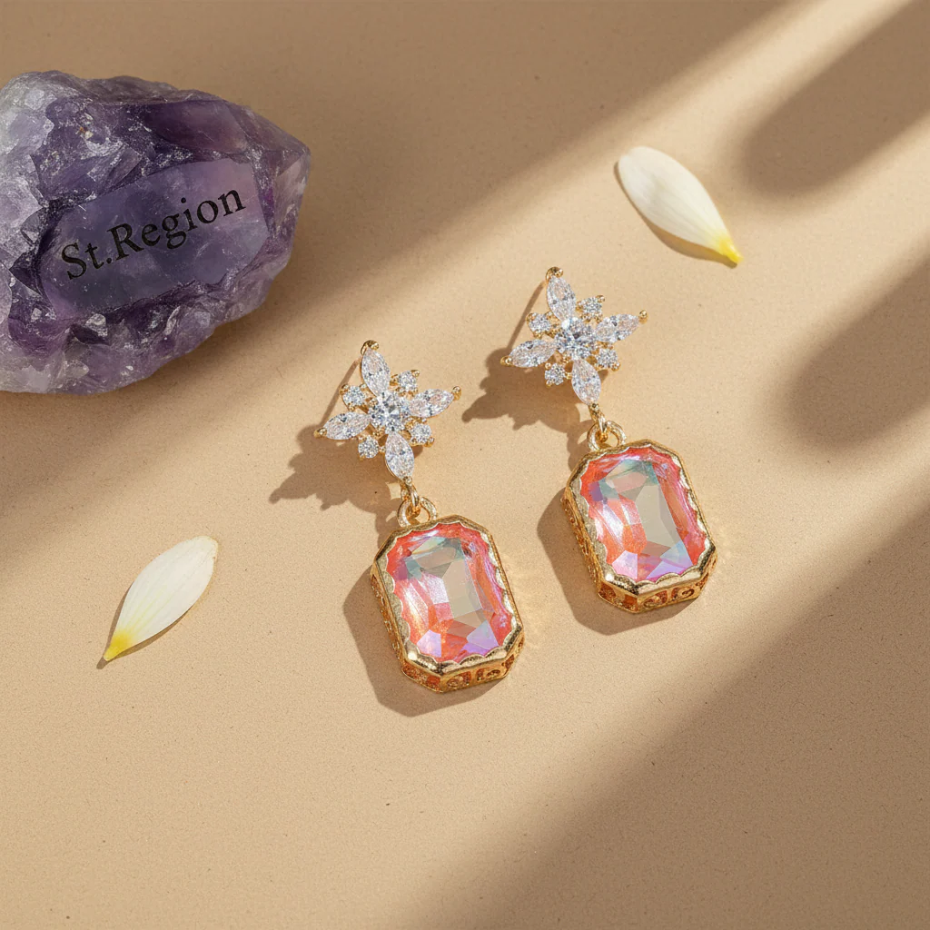 Orange Crystal & Cubic Zirconia Goldtone Star Rectangle Dangle Earrings - Image 3
