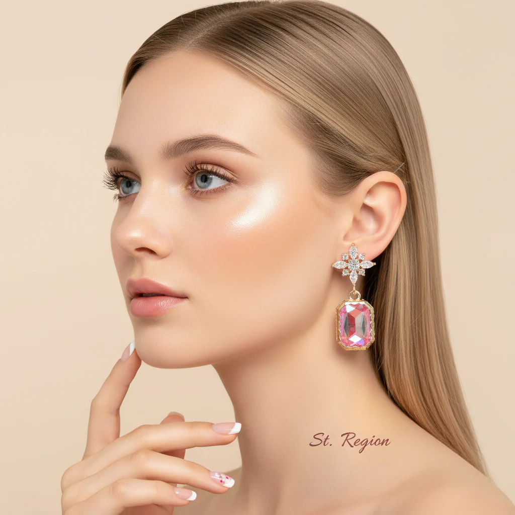 Orange Crystal & Cubic Zirconia Goldtone Star Rectangle Dangle Earrings - Image 5