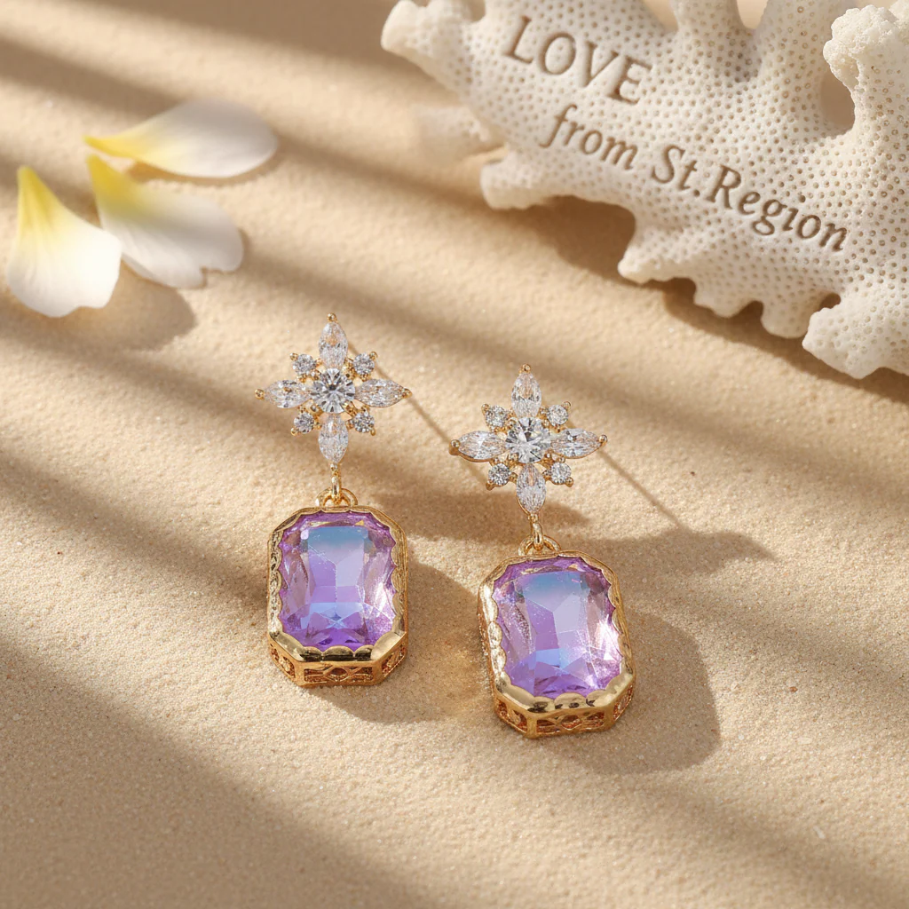 Purple Crystal & Cubic Zirconia Goldtone Star Rectangle Dangle Earrings - Image 4