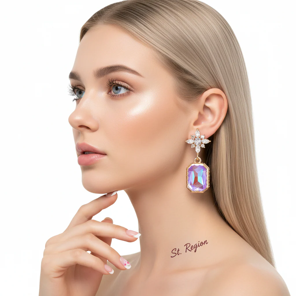 Purple Crystal & Cubic Zirconia Goldtone Star Rectangle Dangle Earrings - Image 5