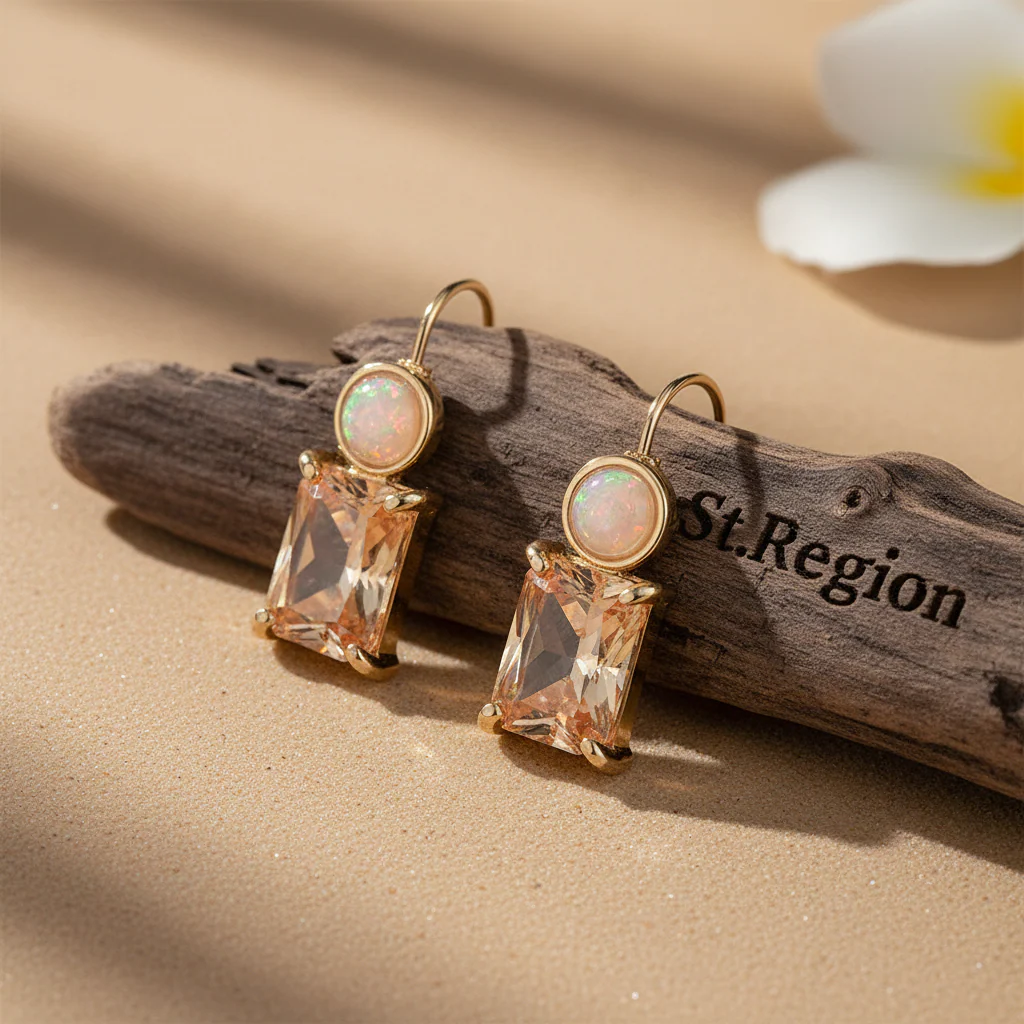 Champagne Crystal & Resin Goldtone Square Hook Earrings - Image 2