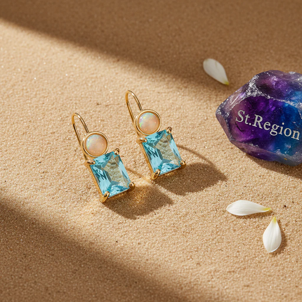 Sky Blue Crystal & Resin Goldtone Square Hook Earrings - Image 3