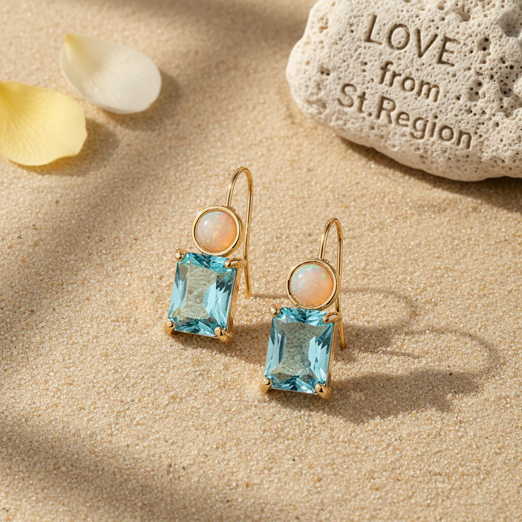 Sky Blue Crystal & Resin Goldtone Square Hook Earrings - Image 4