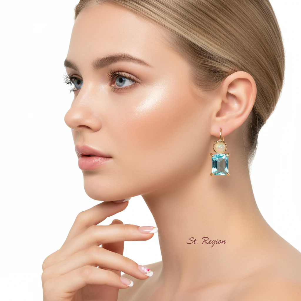Sky Blue Crystal & Resin Goldtone Square Hook Earrings - Image 5