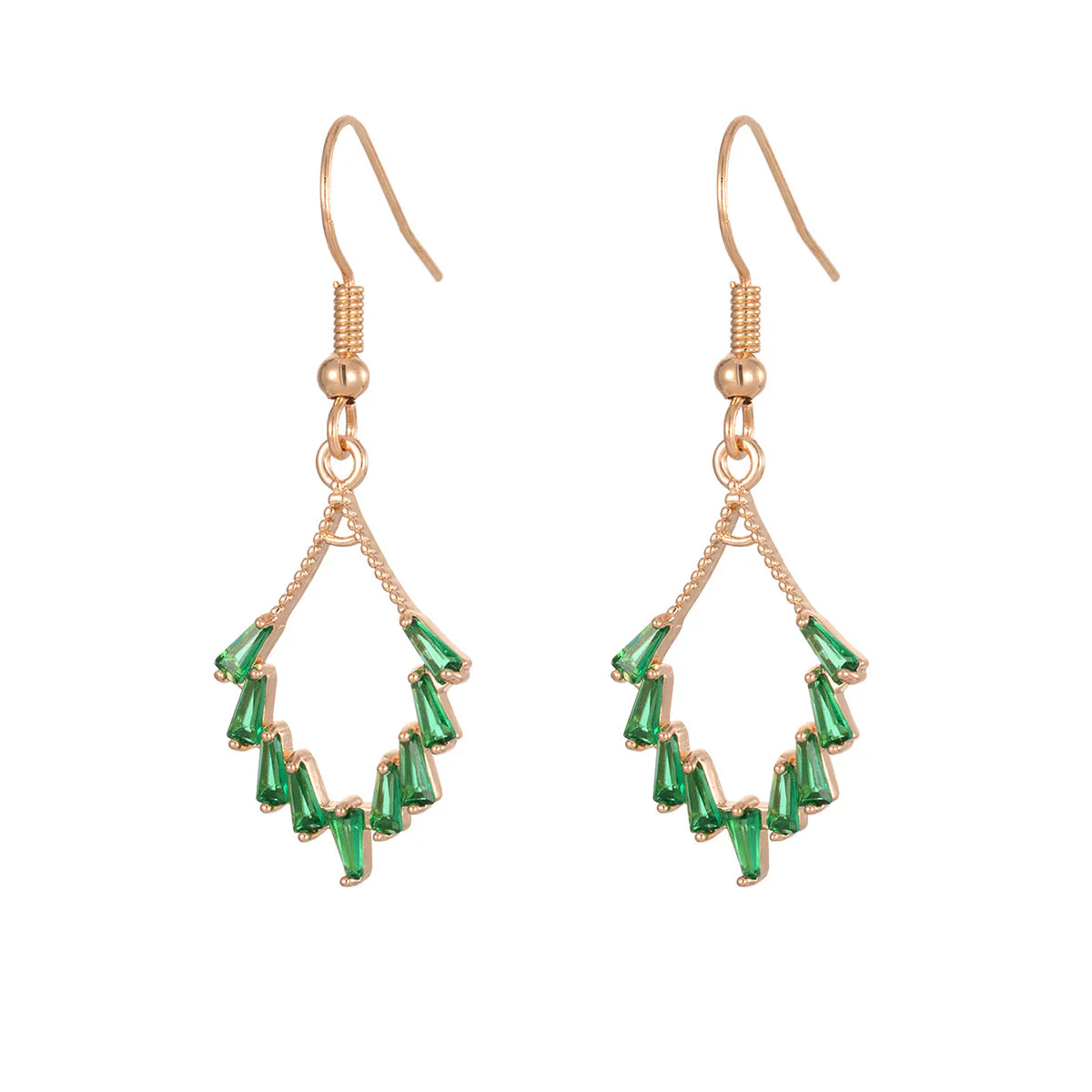 Green Cubic Zirconia & Goldtone Rhombus Hook Earrings