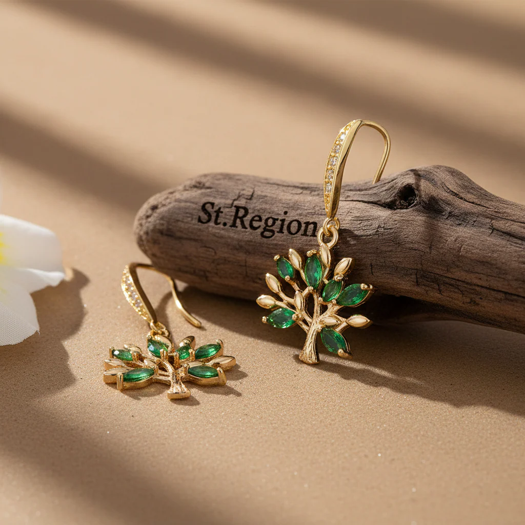 Green Crystal & Cubic Zirconia Goldtone Tree Hook Earrings - Image 2