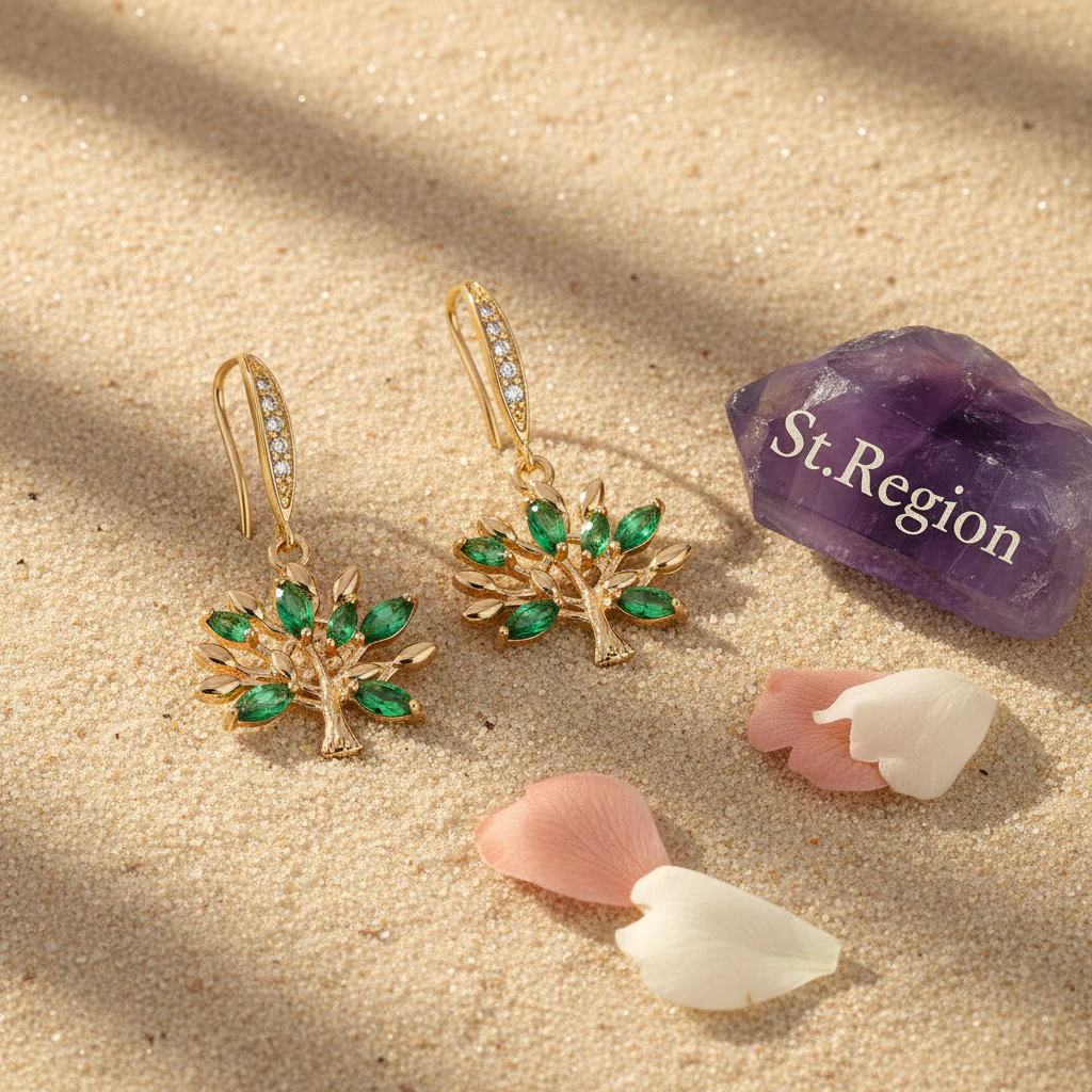 Green Crystal & Cubic Zirconia Goldtone Tree Hook Earrings - Image 3