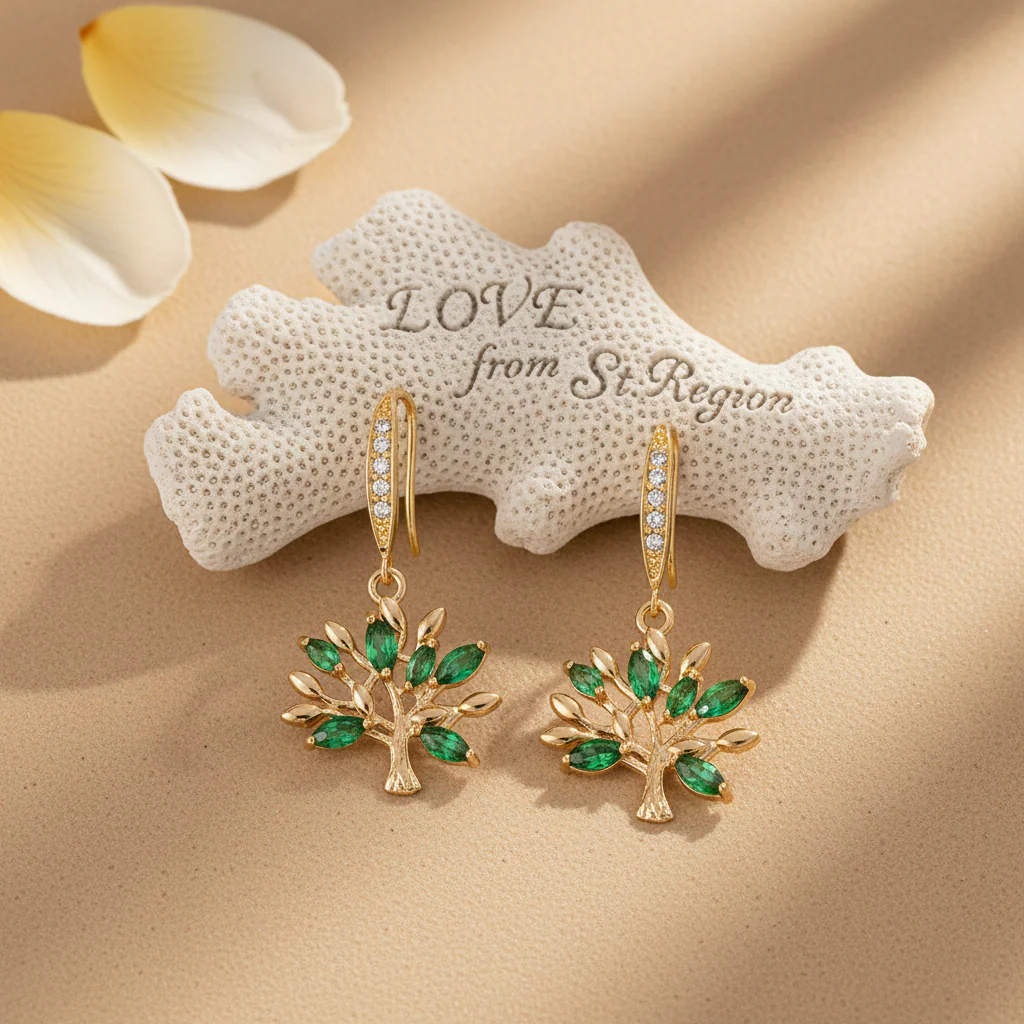 Green Crystal & Cubic Zirconia Goldtone Tree Hook Earrings - Image 4
