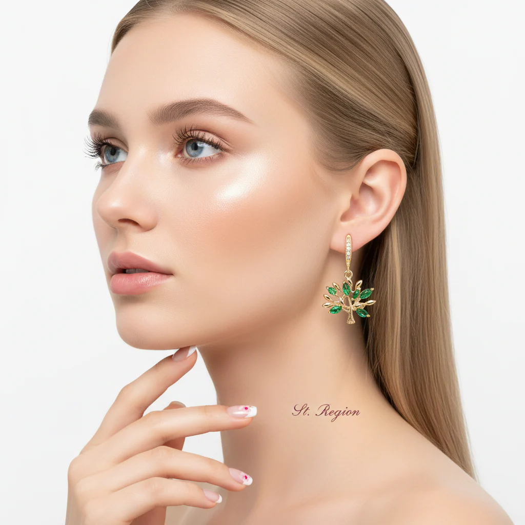 Green Crystal & Cubic Zirconia Goldtone Tree Hook Earrings - Image 5